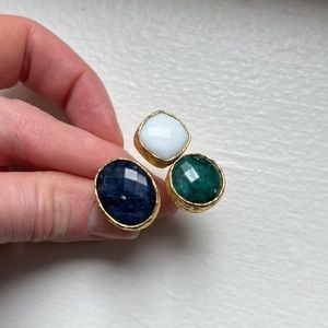 Adjustable gold plated brass, jasper, and white jade cocktail ring